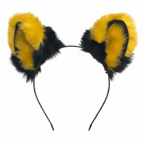 Big Cat Fox Ears Kitty Cosplay Headwear Bright Yellow Black Furry Soft Thick Fur Inside Animal Headband Costume