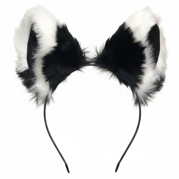 Big Cat Ears Kitty Cosplay Headwear Black White Furry White Fur Inside Animal Headband Costume