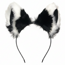 Load image into Gallery viewer, Big Cat Ears Kitty Cosplay Headwear Black White Furry White Fur Inside Animal Headband Costume