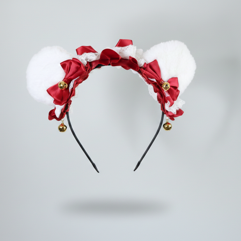 Bear Ears White Cute Headwear Lolita Red Ribbon Jingle Bells Bows Lace Furry Animal Headband Costume Christmas Gift Halloween