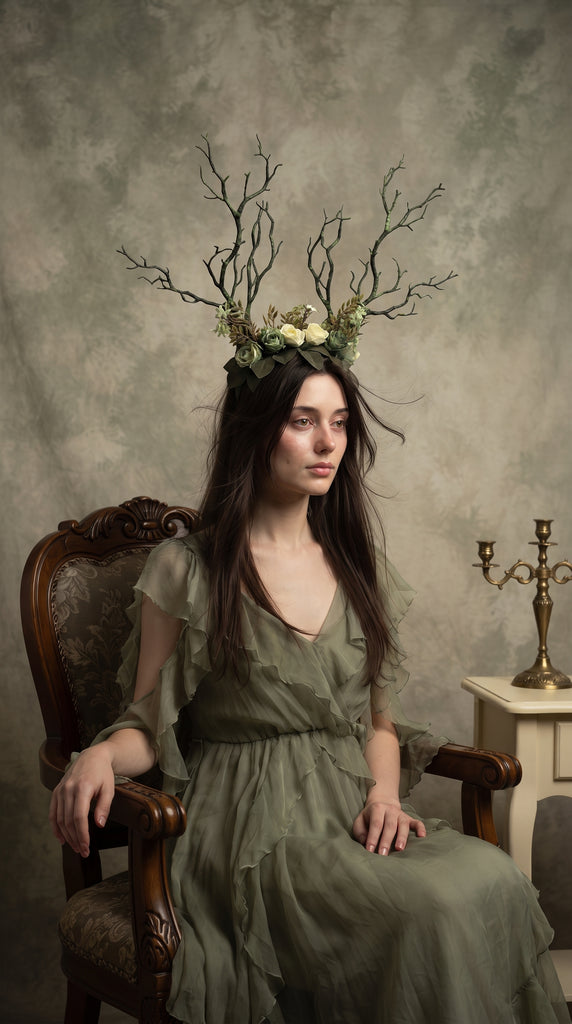 Front three-quarter view of the branch horn headdress with green and cream roses worn by a seated model in a sage green dress in a studio setting (AI-generated model image)