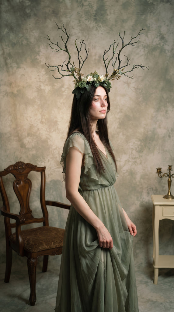 Three-quarter standing view of the branch horn headdress with green and cream roses worn by a model in a sage green dress in a studio setting (AI-generated model image)