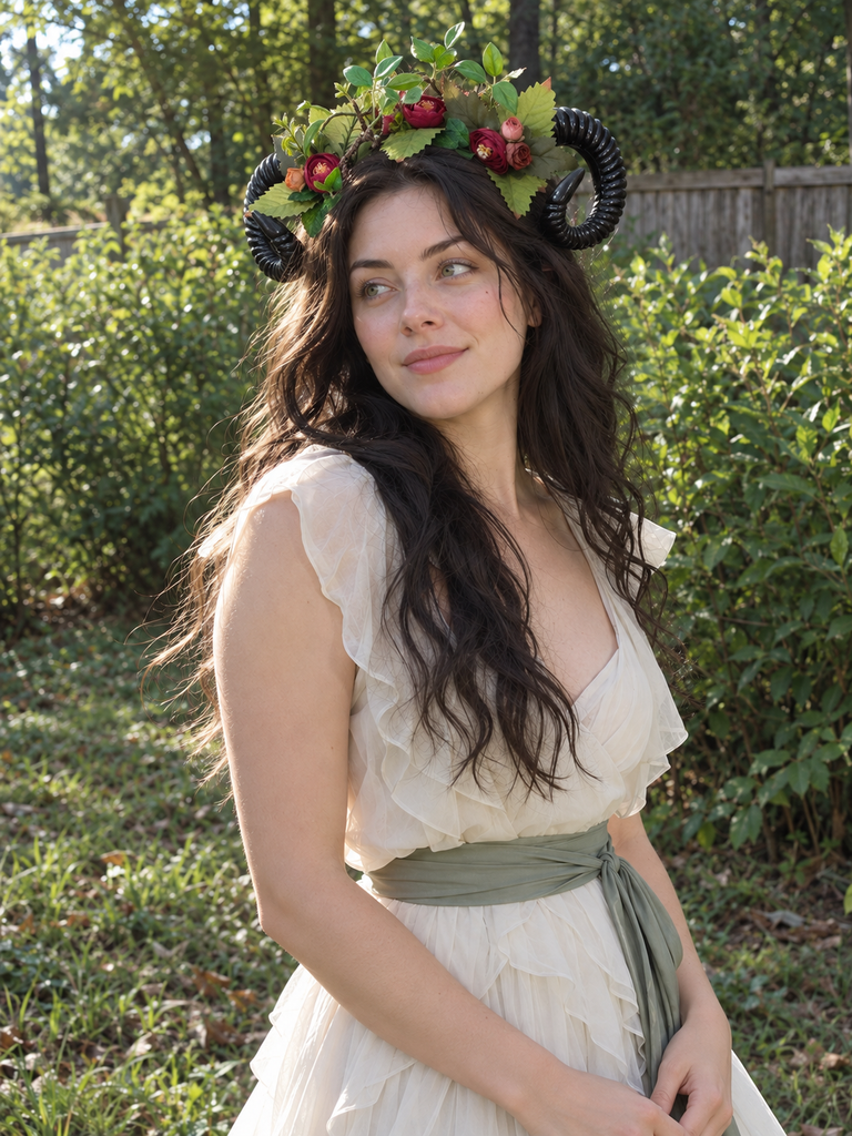 Three-quarter view of the black ram horns with green leaves and red flowers worn by a model with long dark hair in a cream dress outdoors (AI-generated model image)
