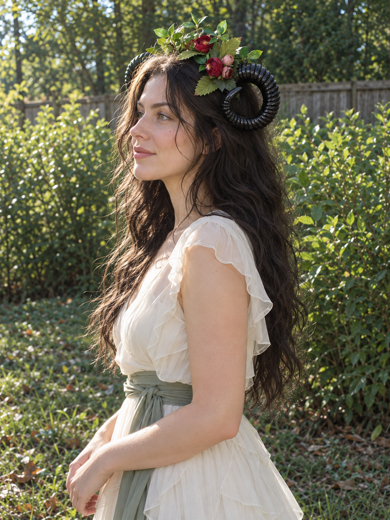 Side profile view of the black ram horn with green leaves and deep red and pink flowers worn by a model with long dark hair in a cream dress outdoors (AI-generated model image)