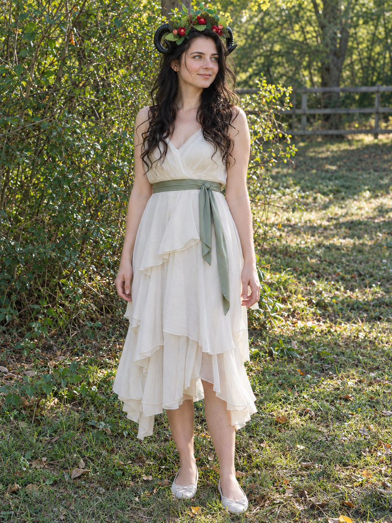 Full-body front view of a model in a cream dress with a sage sash wearing the black ram horns with green leaves and red flowers, standing on grass outdoors (AI-generated model image)