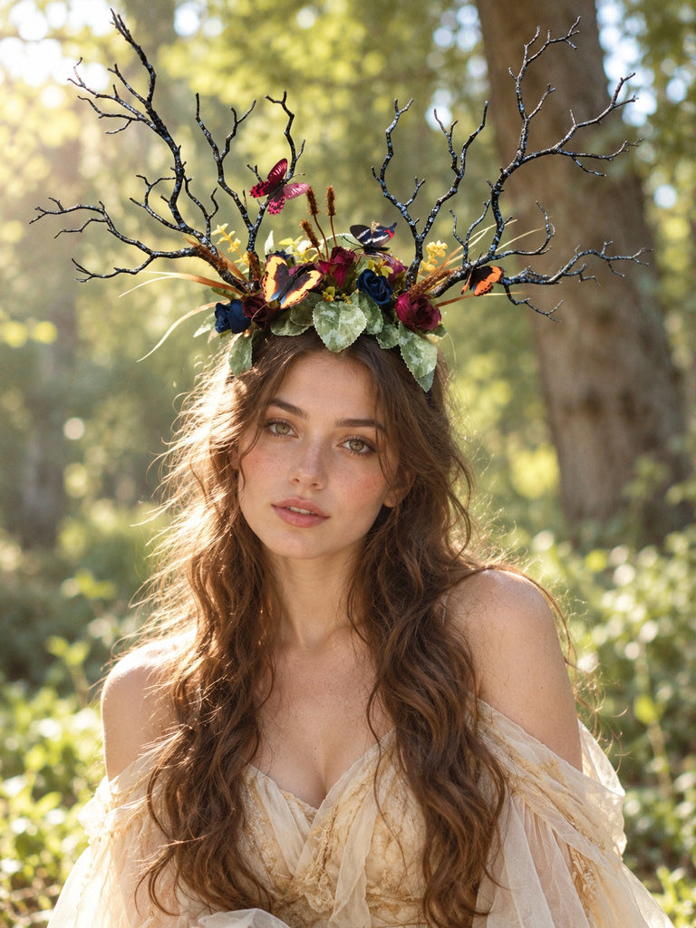 Front view of the black branch horn headdress with roses and butterflies worn by a model in a cream dress in a sunlit forest (AI-generated model image)