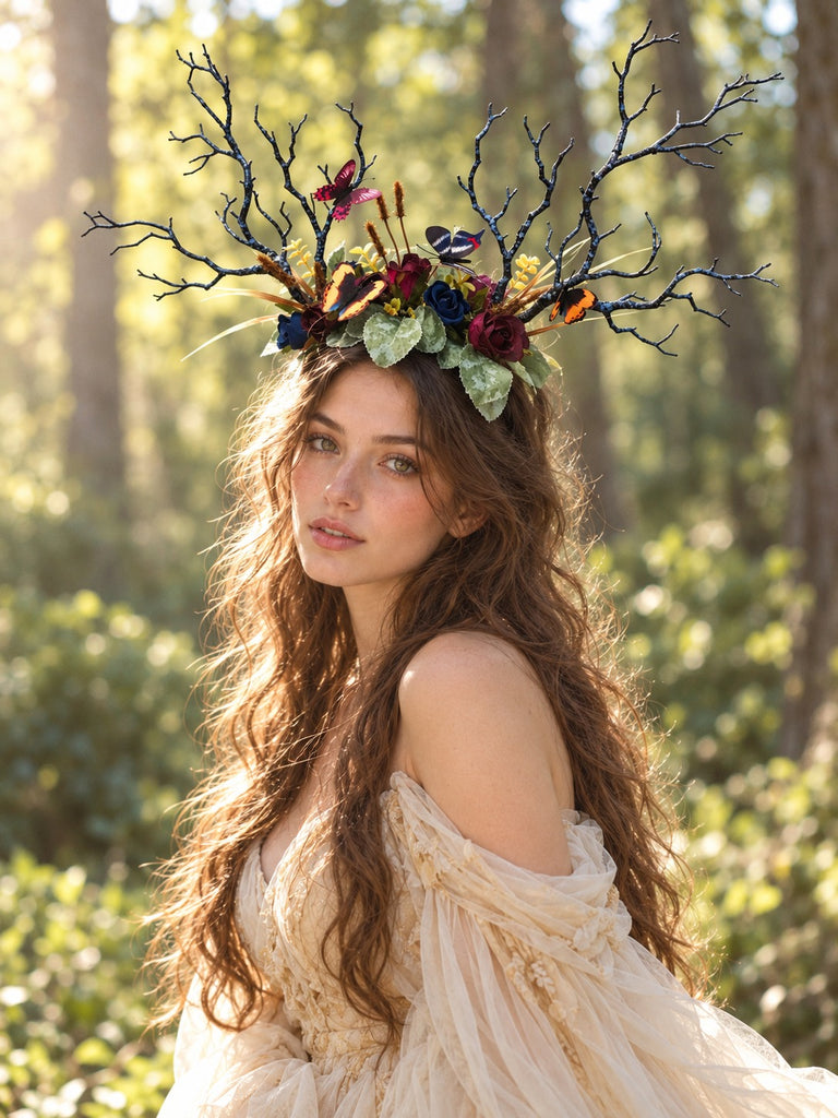 Three-quarter view of the black branch horn headdress with roses and butterflies worn by a model in a cream dress in a forest (AI-generated model image)