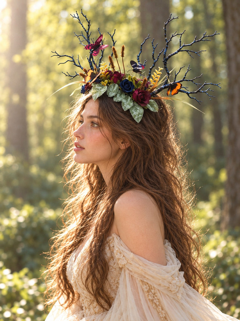 Side profile of the black branch horn headdress with roses and butterflies worn by a model in a cream dress in a forest (AI-generated model image)