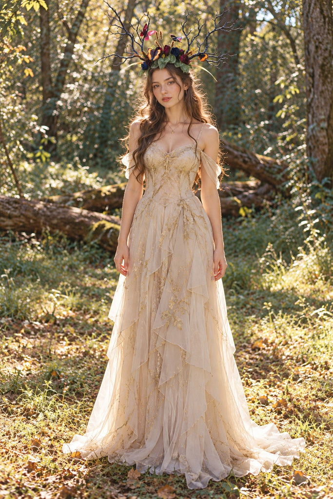 Full-body view of the black branch horn headdress worn by a model in a long cream dress standing in a forest (AI-generated model image)
