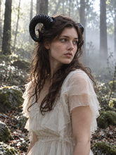 Load image into Gallery viewer, Three-quarter view of black curled ram horns worn by a model in a white dress in a misty forest (AI-generated model image)