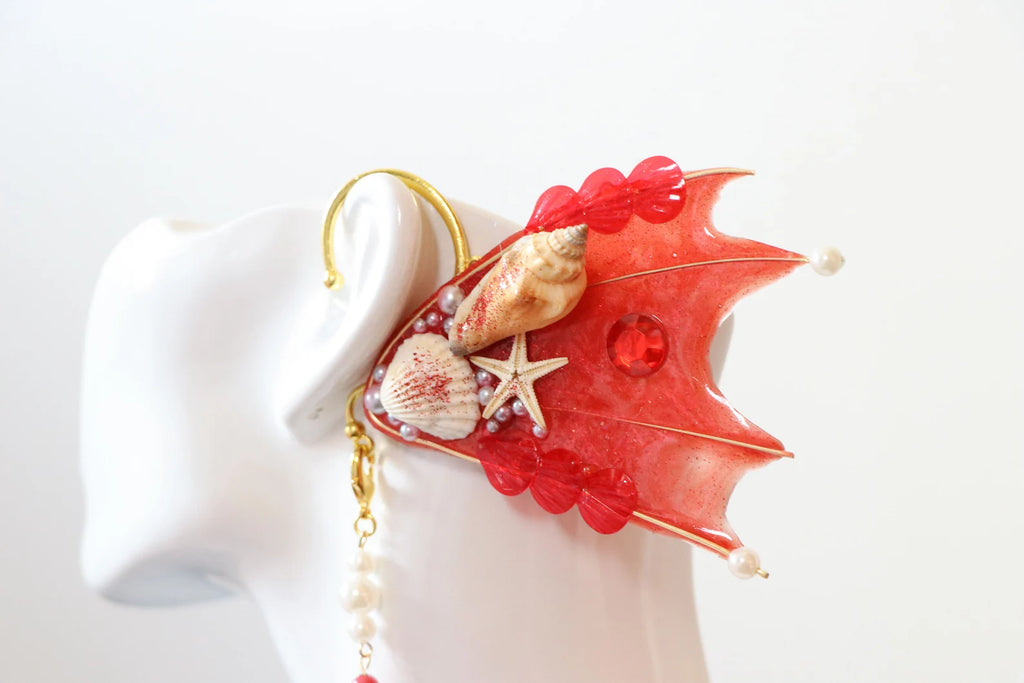 Red Mermaid Earring Sea Shell Fairy Ears Elven Ears Earcuffs cosplay fantasy decoration Nature Fish Fin photography【NALUMI】