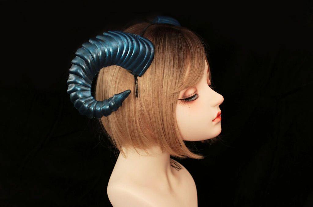Galaxy Dark Blue Huge Horn Forest Gothic Demon Nymph Ram Horn Headdress Headband Punk Evil sheep Diablo Photography Cosplay【NALUMI】