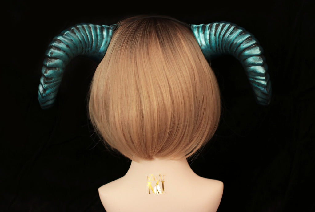 Galaxy Lake Green Blue Huge Horn Forest Gothic Demon Nymph Ram Horn Headdress Headband Punk Evil sheep Diablo Photography Cosplay【NALUMI】