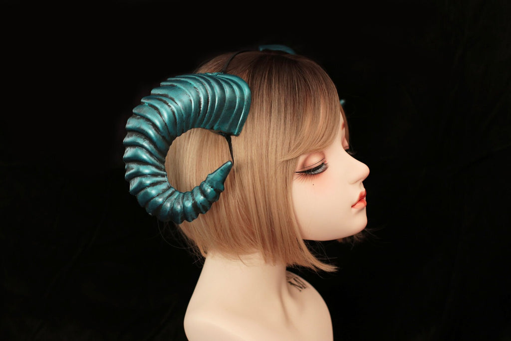 Galaxy Lake Green Blue Huge Horn Forest Gothic Demon Nymph Ram Horn Headdress Headband Punk Evil sheep Diablo Photography Cosplay【NALUMI】