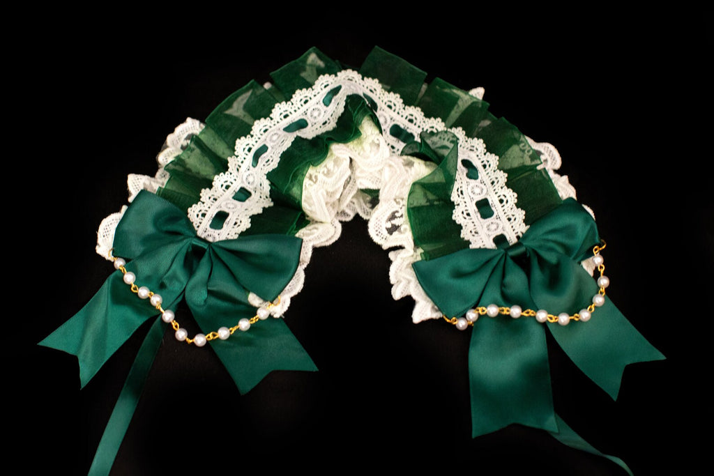 Lolita Maid Cute Headwear Headband Elegant Green White Ribbon Pearl Bows Beads Chain Lace Costume Halloween Cosplay Japanese kawaii