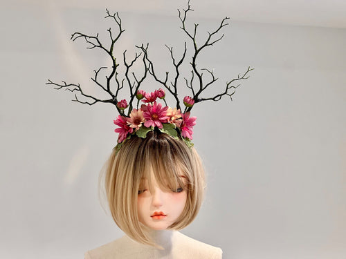 Green Branch Pink Daisy Flowers Horn Demon Nymph Horn Headdress Antlers