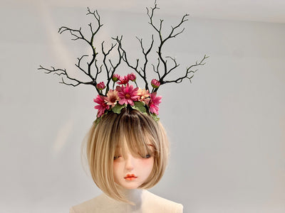 Green Branch Pink Daisy Flowers Horn Demon Nymph Horn Headdress Antlers
