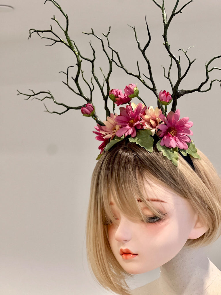 Green Branch Pink Daisy Flowers Horn Demon Nymph Horn Headdress Antlers