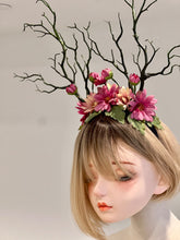 Load image into Gallery viewer, Green Branch Pink Daisy Flowers Horn Demon Nymph Horn Headdress Antlers