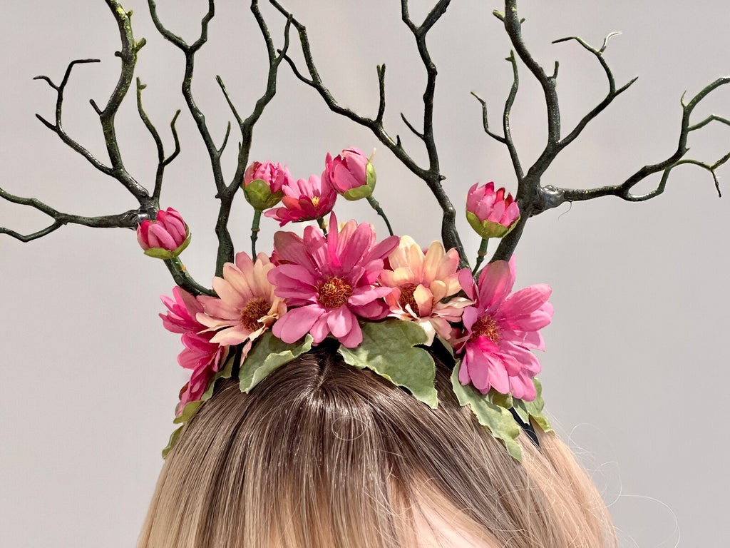 Green Branch Pink Daisy Flowers Horn Demon Nymph Horn Headdress Antlers