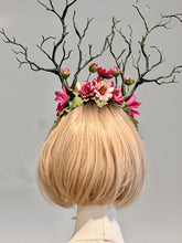 Load image into Gallery viewer, Green Branch Pink Daisy Flowers Horn Demon Nymph Horn Headdress Antlers