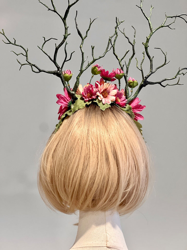 Green Branch Pink Daisy Flowers Horn Demon Nymph Horn Headdress Antlers