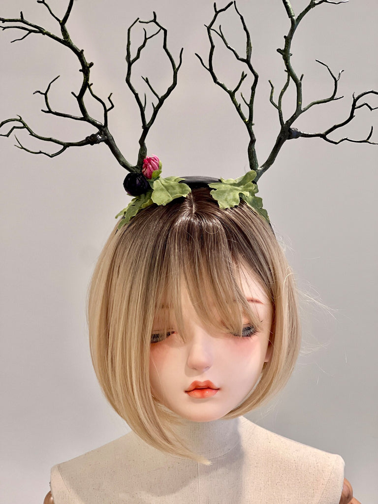 Dark Green with purple pink flowers Branch Horn Demon Nymph Horn Headdress Antlers Costume