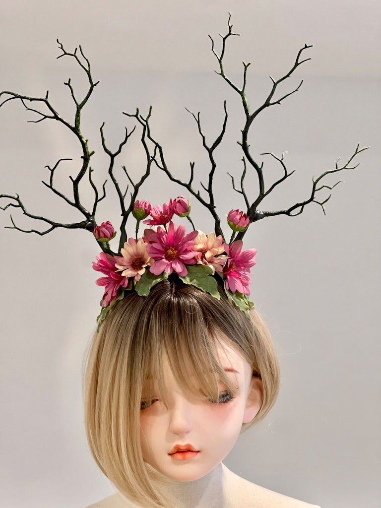 Green Branch Pink Daisy Flowers Horn Demon Nymph Horn Headdress Antlers