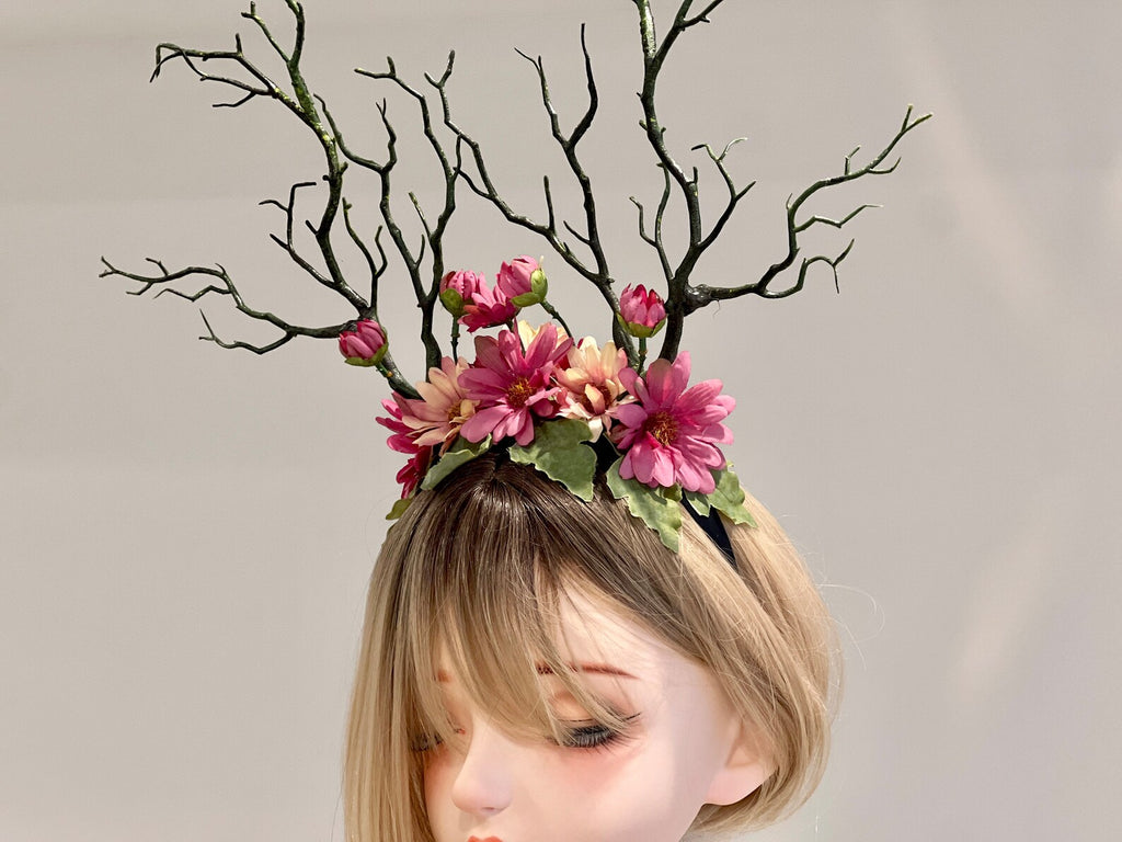 Green Branch Pink Daisy Flowers Horn Demon Nymph Horn Headdress Antlers