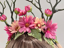 Load image into Gallery viewer, Green Branch Pink Daisy Flowers Horn Demon Nymph Horn Headdress Antlers