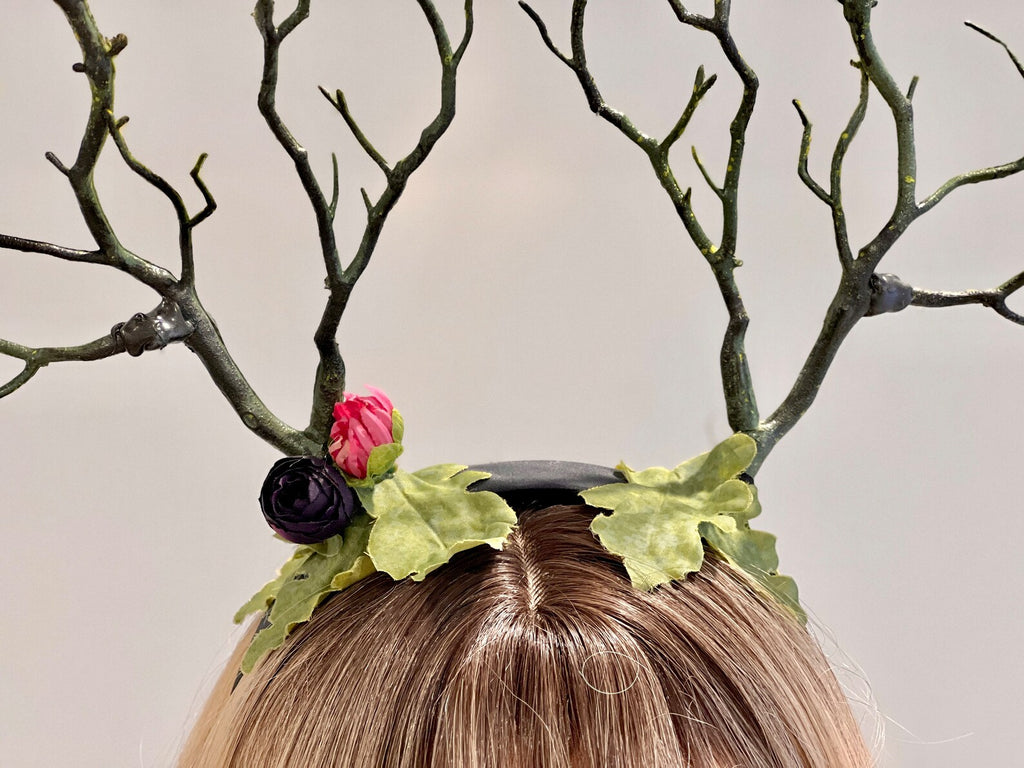 Dark Green with purple pink flowers Branch Horn Demon Nymph Horn Headdress Antlers Costume