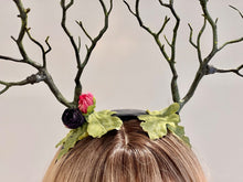 Load image into Gallery viewer, Dark Green with purple pink flowers Branch Horn Demon Nymph Horn Headdress Antlers Costume