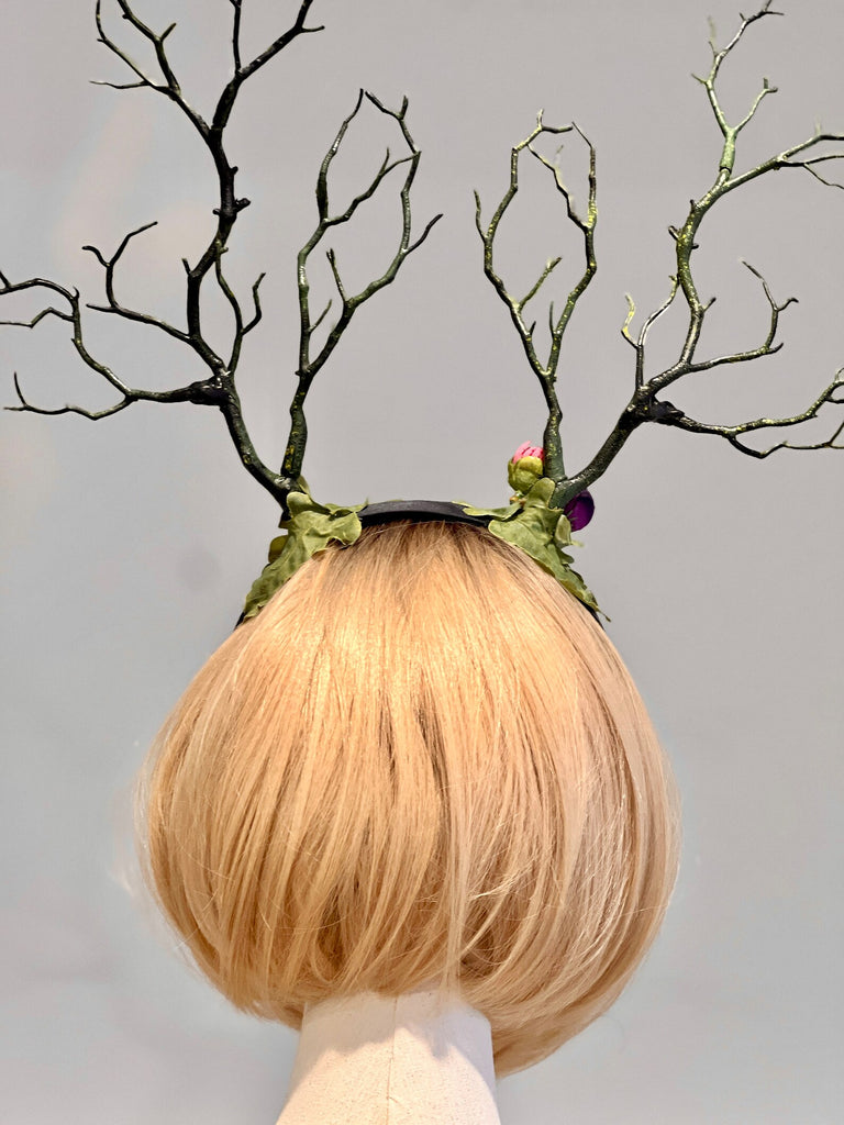 Dark Green with purple pink flowers Branch Horn Demon Nymph Horn Headdress Antlers Costume