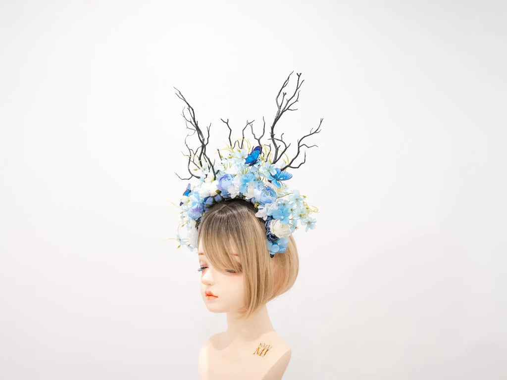 HORNS HEAD DRESS Unique Costume Forest Headdress Horror Blue White Flowers Butterfly Black Branch  Nymph Floral Headwear Antlers Halloween