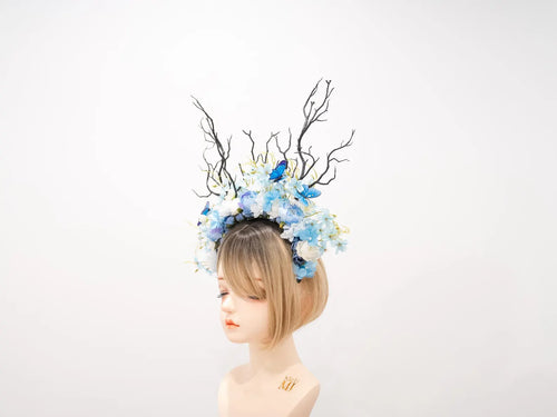 HORNS HEAD DRESS Unique Costume Forest Headdress Horror Blue White Flowers Butterfly Black Branch  Nymph Floral Headwear Antlers Halloween