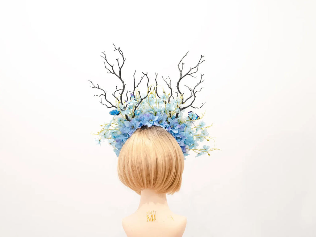 HORNS HEAD DRESS Unique Costume Forest Headdress Horror Blue White Flowers Butterfly Black Branch  Nymph Floral Headwear Antlers Halloween