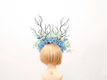 Load image into Gallery viewer, HORNS HEAD DRESS Unique Costume Forest Headdress Horror Blue White Flowers Butterfly Black Branch  Nymph Floral Headwear Antlers Halloween
