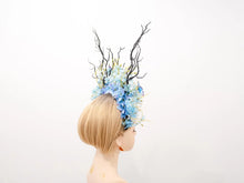 Load image into Gallery viewer, HORNS HEAD DRESS Unique Costume Forest Headdress Horror Blue White Flowers Butterfly Black Branch  Nymph Floral Headwear Antlers Halloween