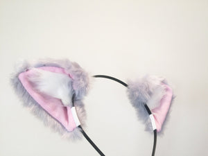 Cat ears Kitty Headwear Grey Pink inside  Furry Animal Headband Costume Bow Bells