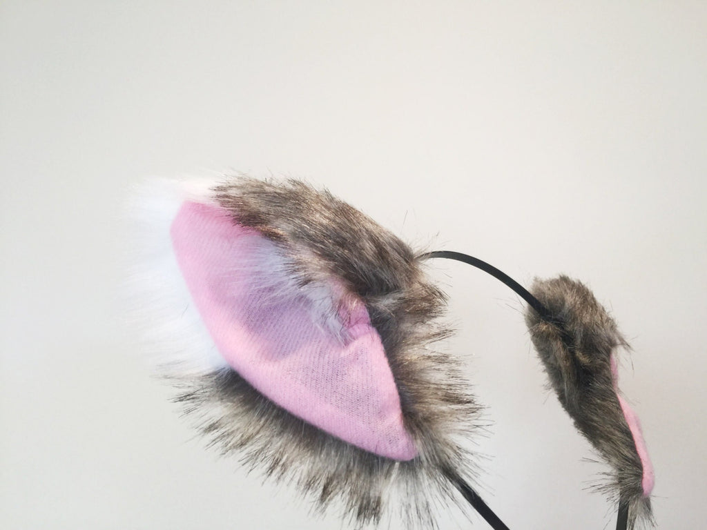 Cat ears Kitty Wolf Headwear Dark Brown Grey/Pink inside  Furry Animal Headband Costume