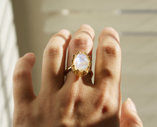 Load image into Gallery viewer, Resin Ring, Silver Gold Plated Crown Oval Seashell White caldesia Rainbow Glow Reflection