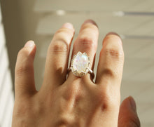 Load image into Gallery viewer, Resin Ring, Silver Gold Plated Crown Oval Seashell White caldesia Rainbow Glow Reflection