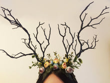 Load image into Gallery viewer, HORNS HEAD DRESS Unique Costume Forest Headdress Horror Headdress Black Branch Horn Flowers Nymph Horn Headdress Headwear Antlers Halloween