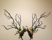 Load image into Gallery viewer, HORNS HEAD DRESS Unique Costume Forest Headdress Horror Headdress Black Branch Horn Flowers Nymph Horn Headdress Headwear Antlers Halloween