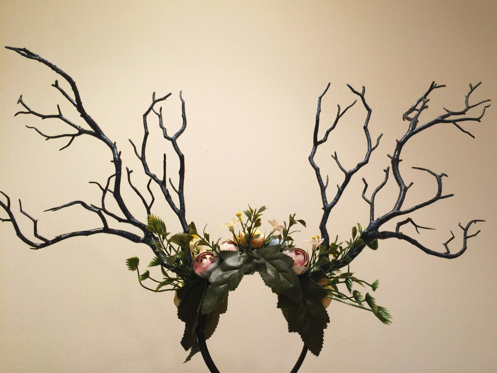 HORNS HEAD DRESS Unique Costume Forest Headdress Horror Headdress Black Branch Horn Flowers Nymph Horn Headdress Headwear Antlers Halloween