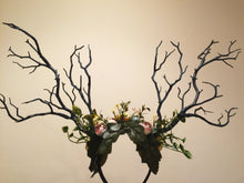 Load image into Gallery viewer, HORNS HEAD DRESS Unique Costume Forest Headdress Horror Headdress Black Branch Horn Flowers Nymph Horn Headdress Headwear Antlers Halloween