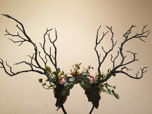 HORNS HEAD DRESS Unique Costume Forest Headdress Horror Headdress Black Branch Horn Flowers Nymph Horn Headdress Headwear Antlers Halloween