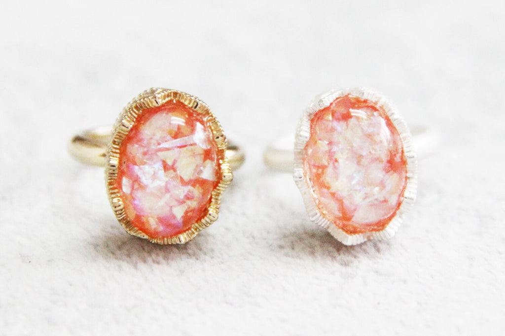 Resin Ring, Silver Gold Plated Crown Oval Seashell Pink caldesia