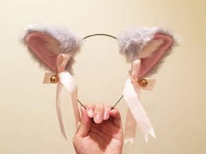 Cat ears Kitty Headwear Grey Pink inside  Furry Animal Headband Costume Bow Bells