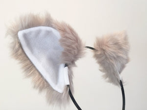 Cat ears Kitty Wolf Headwear Warm Grey White inside  Furry Animal Headband Costume Bow Bells